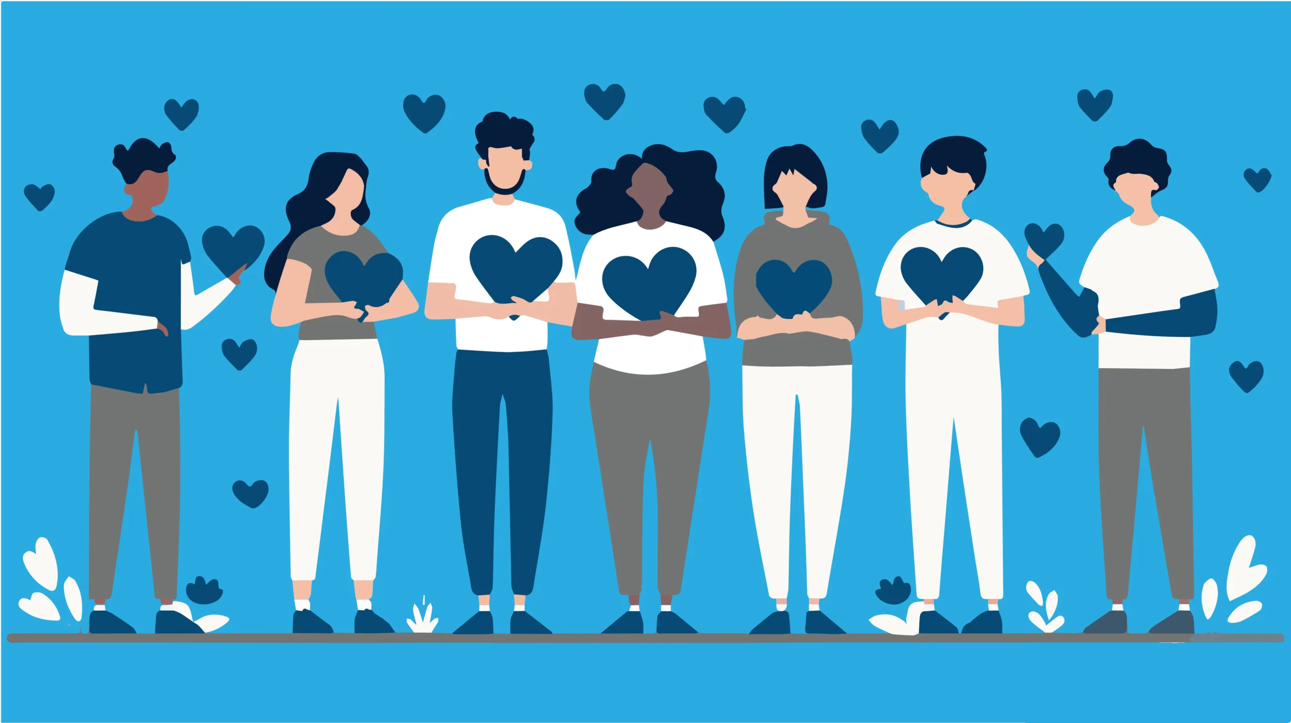 Diverse group of people holding blue hearts, representing community and care