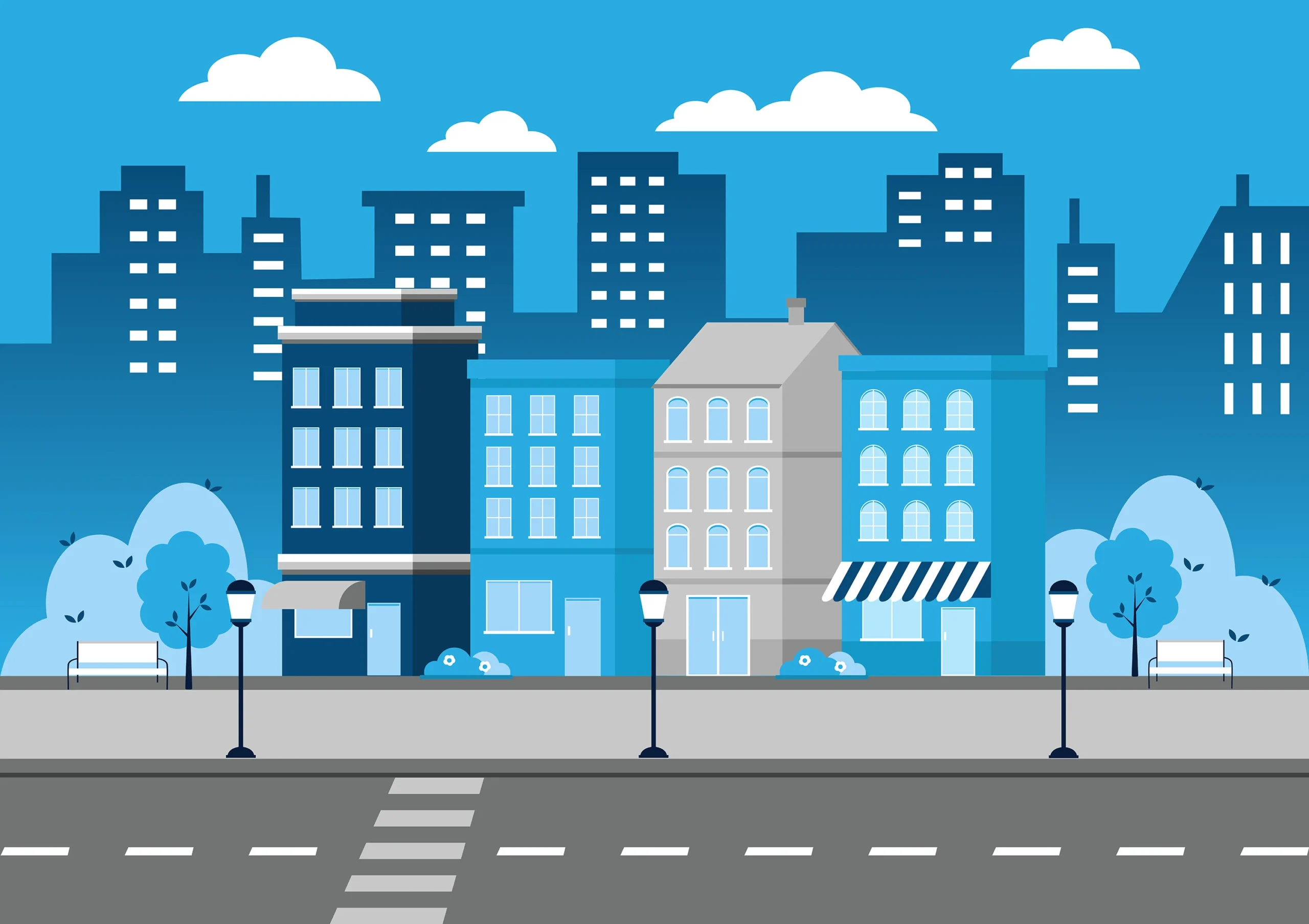 Flat design illustration of a vibrant city street with shops, buildings, and trees in shades of blue