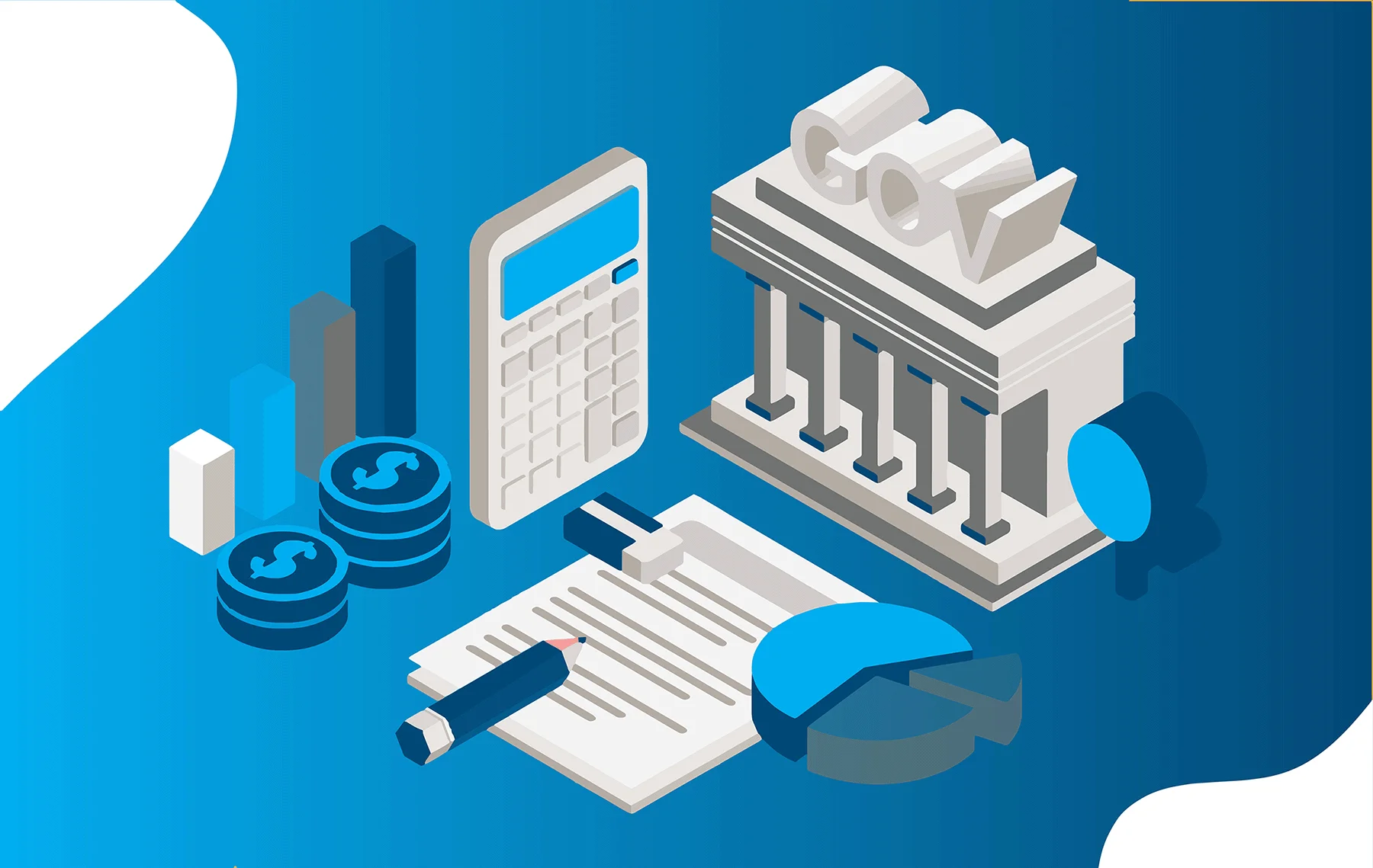 Isometric illustration of government building, calculator, coins, and financial documents
