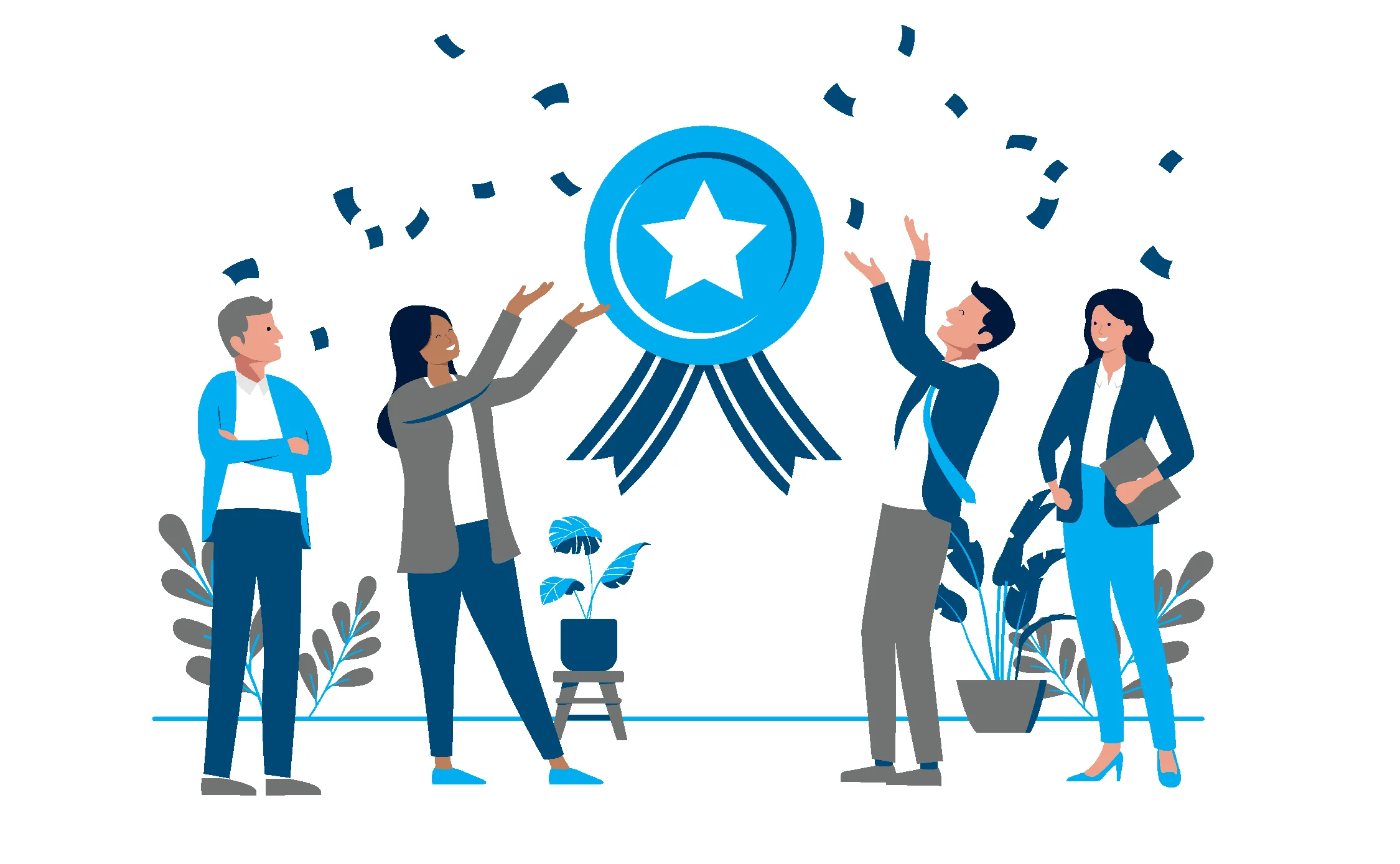 Team of professionals celebrating an achievement award with confetti