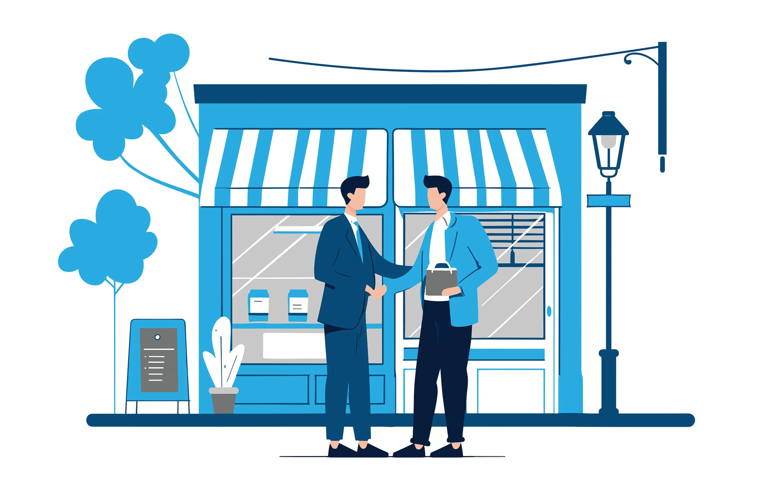 Two businessmen shaking hands outside a small business storefront, celebrating a successful business loan agreement