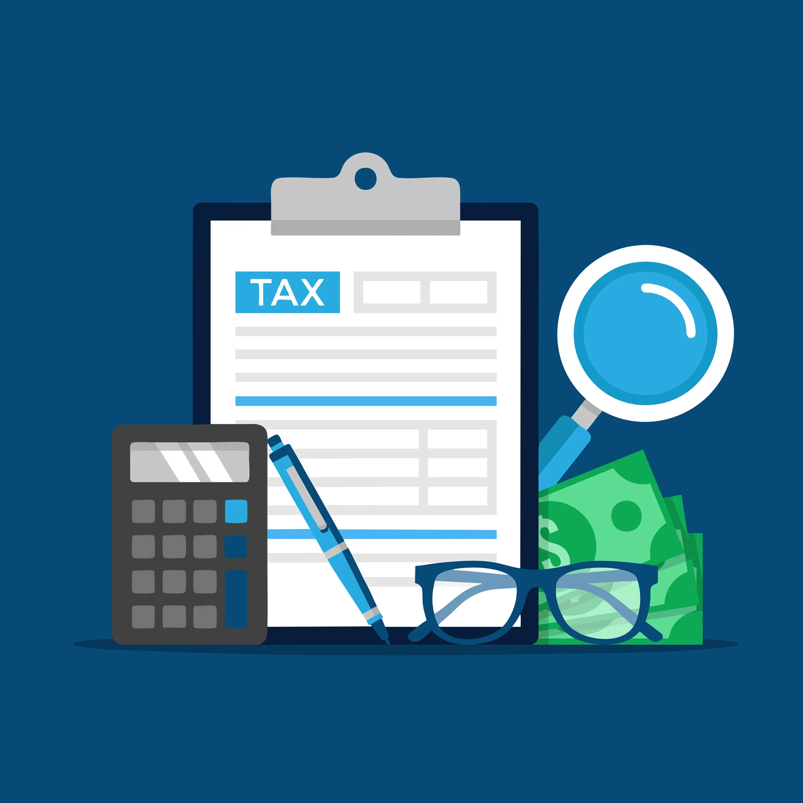 Tax form illustration with calculator, glasses, money, magnifying glass, and pen