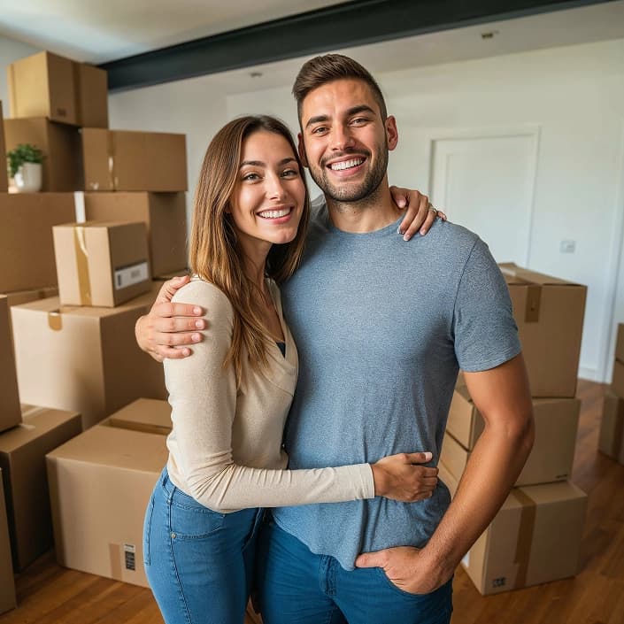 Smiling couple embracing in a new home surrounded by moving boxes