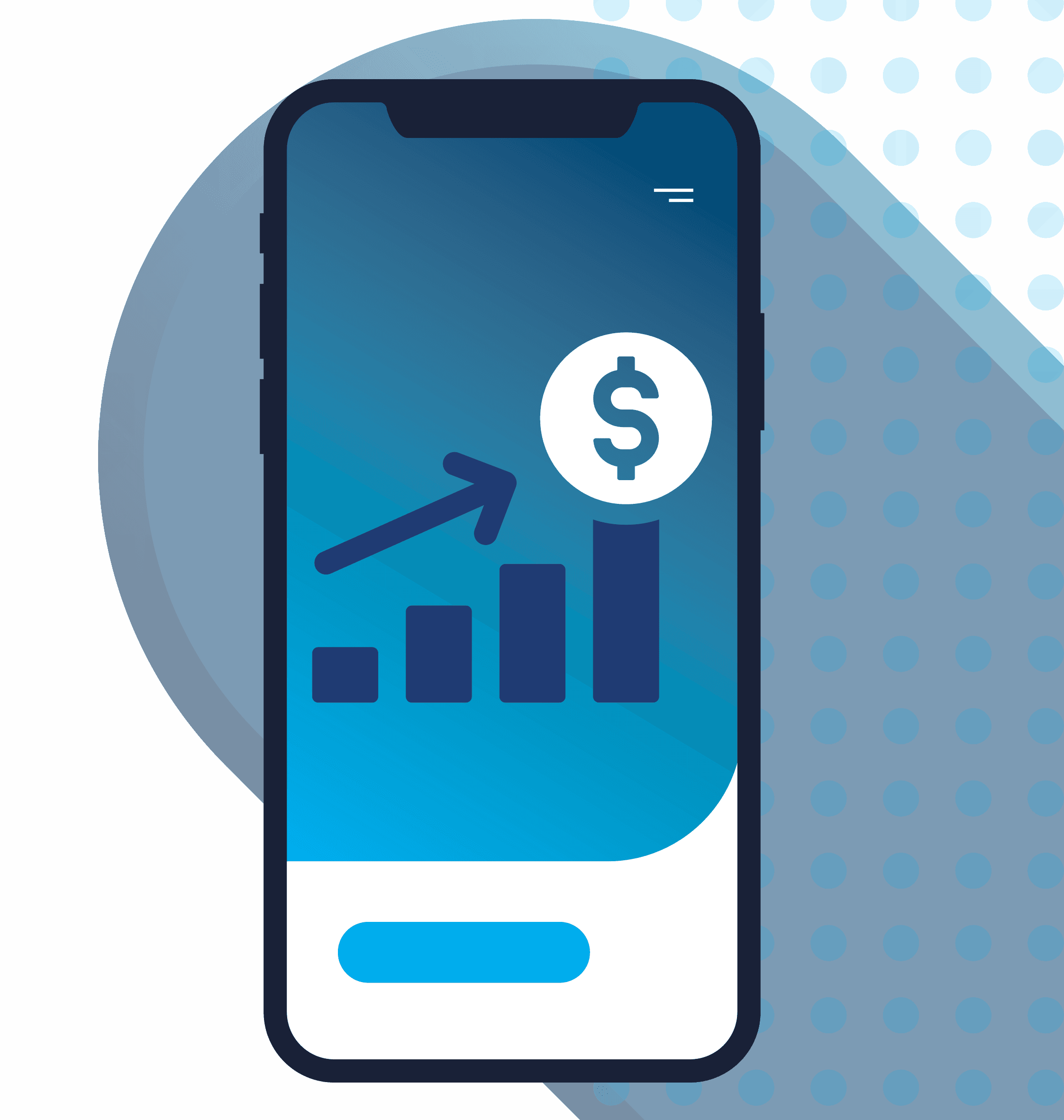 Mobile phone displaying a rising bar chart with a dollar sign, representing online banking growth