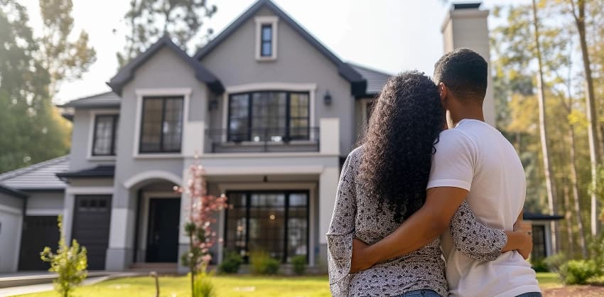 Couple embracing while looking at a large home, considering a mortgage loan