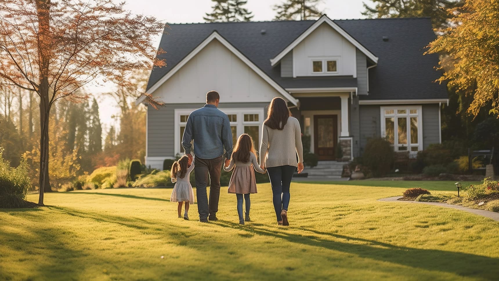 Family walking toward a beautiful craftsman-style home with a lush green lawn