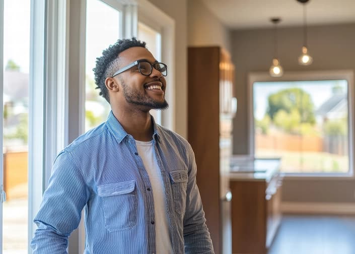 Smiling man with glasses looking around the interior of a bright, modern home