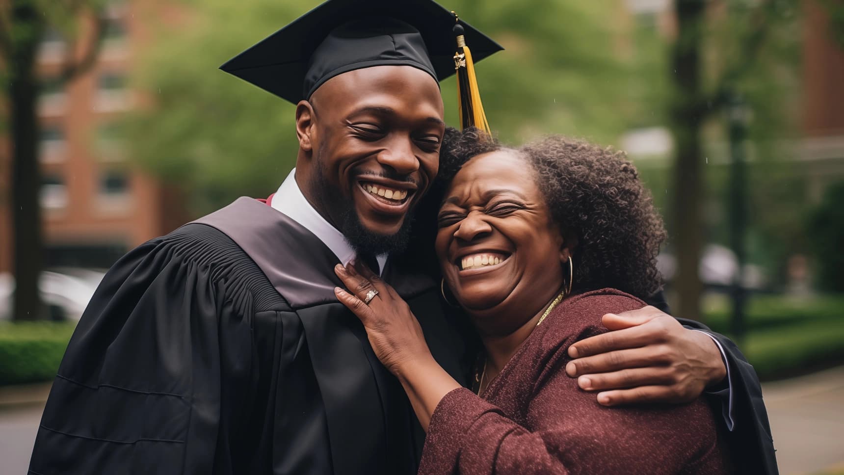 Graduate in cap and gown joyfully embracing a family member outdoors