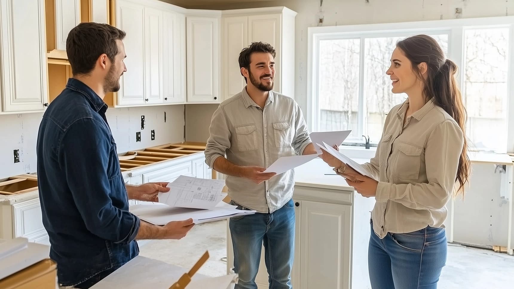 A couple reviewing home renovation plans with a contractor in a kitchen being remodeled