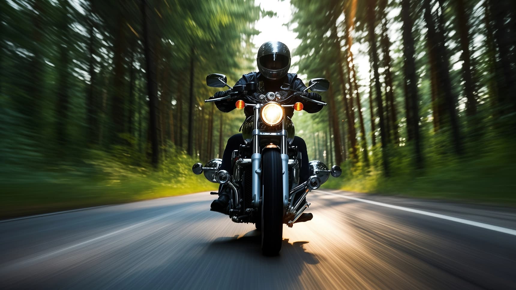 Motorcyclist in black helmet and jacket riding a cruiser motorcycle along a forest road