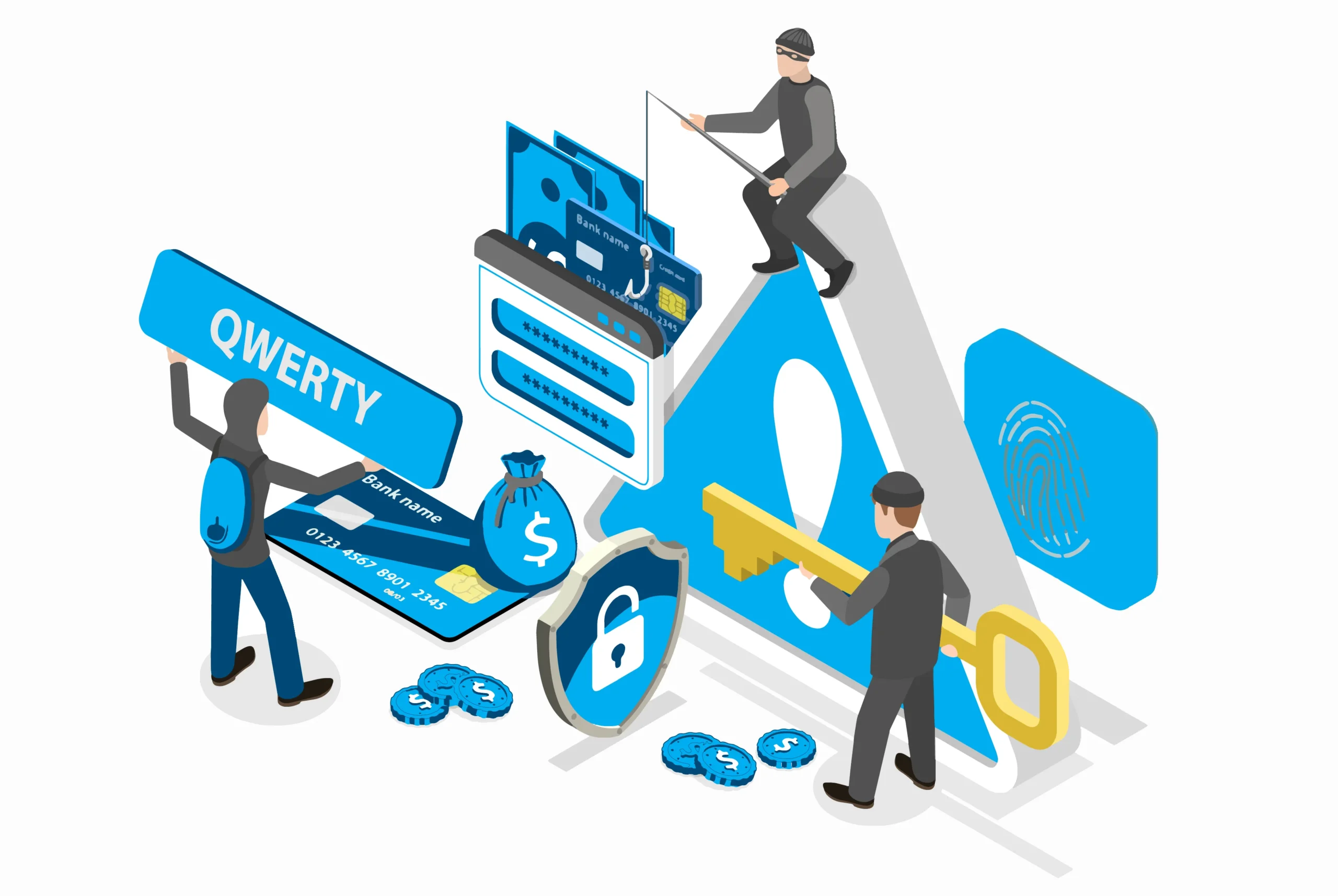 Isometric illustration of cybercriminals stealing passwords, bank cards, and financial data