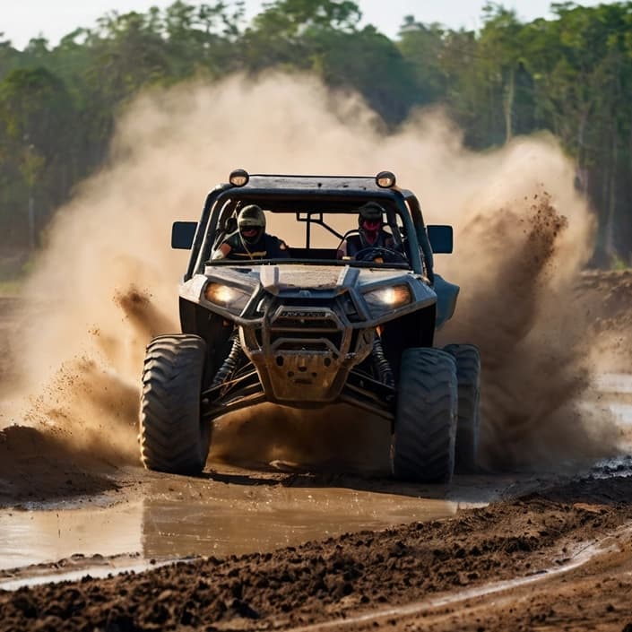 Two riders in helmets driving a UTV through a muddy off-road trail