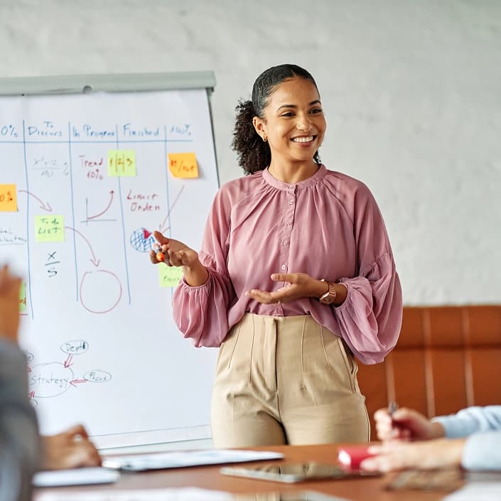 Smiling woman presenting a financial plan on a whiteboard to colleagues during a business meeting.