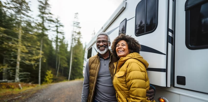 Smiling couple standing beside their RV on a wooded road, enjoying retirement travel