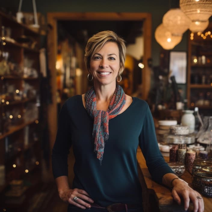 Smiling small business owner standing behind the counter of her shop