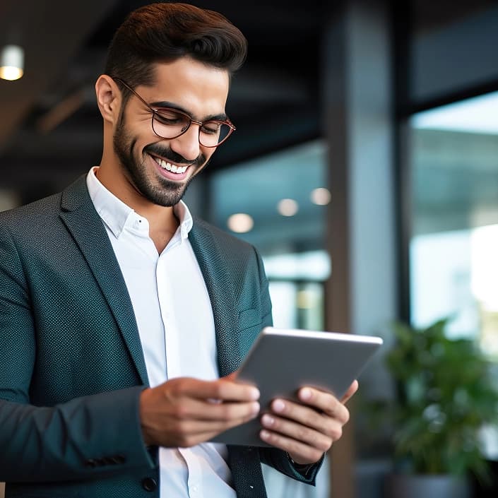 Smiling man in a suit reviewing information on a tablet in a modern office setting.
