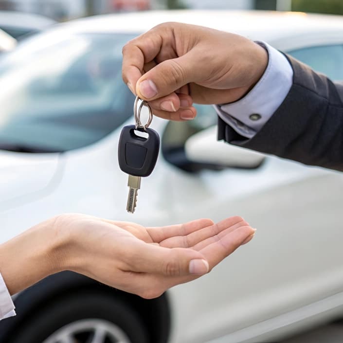 Car dealer handing keys to a customer, representing an auto loan transaction