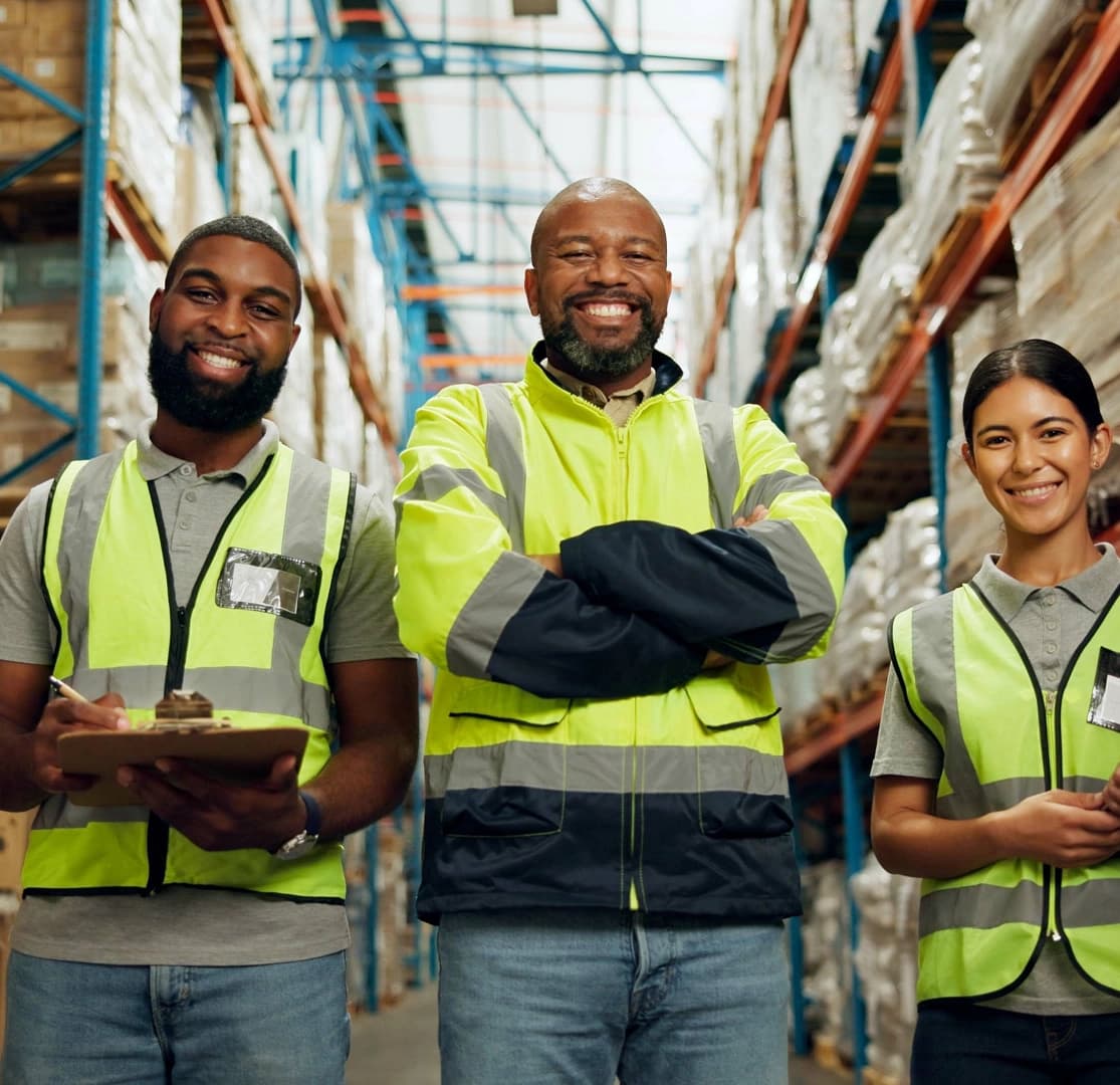Three smiling warehouse workers in yellow safety vests standing in a storage facility aisle.
