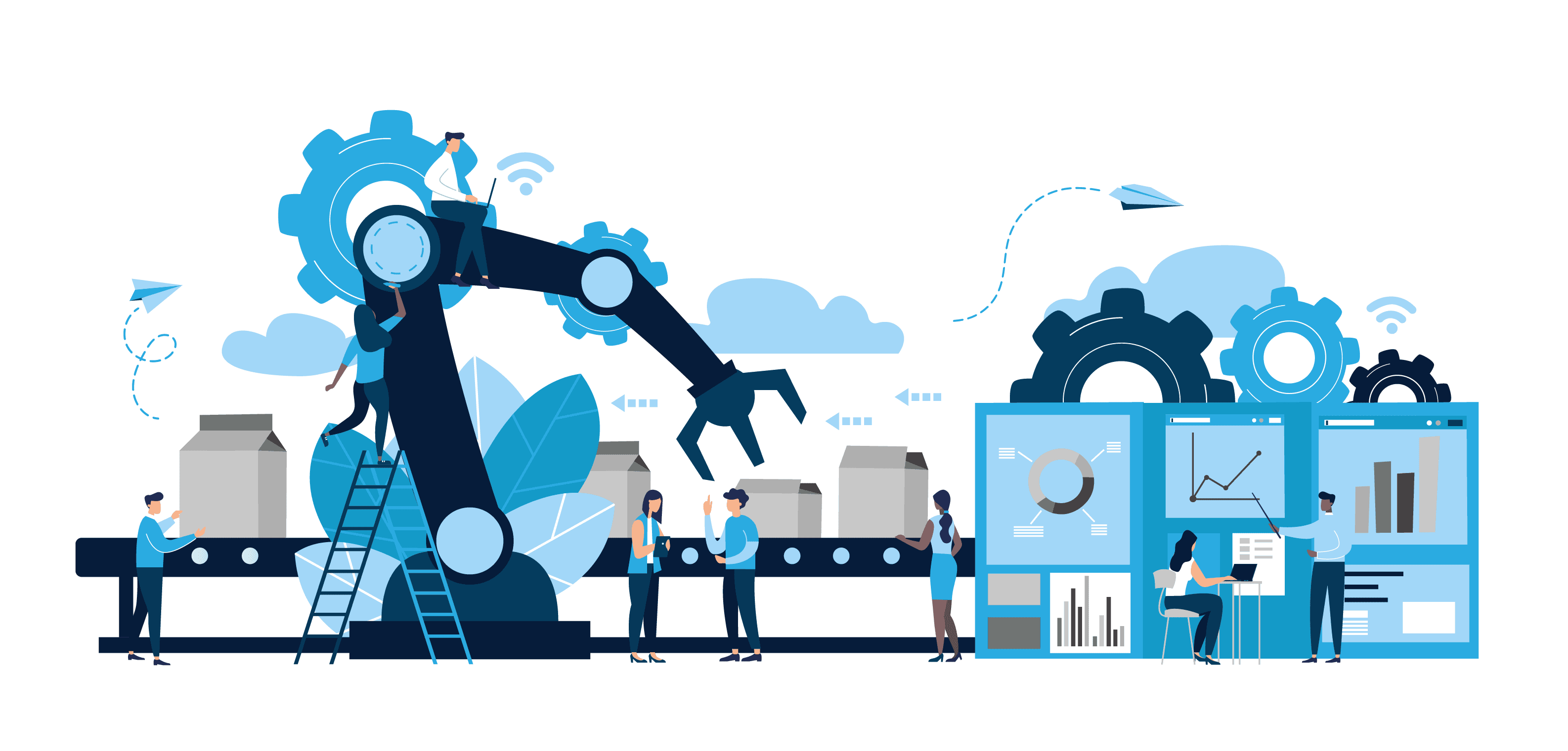 Illustration of automated manufacturing with robotic arm, conveyor belt, workers, and data analytics dashboards