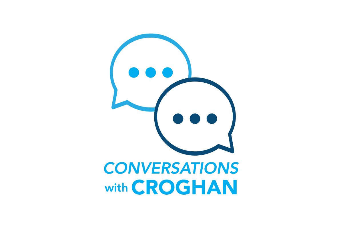 Conversations with Croghan branded logo with two speech bubbles in blue and navy