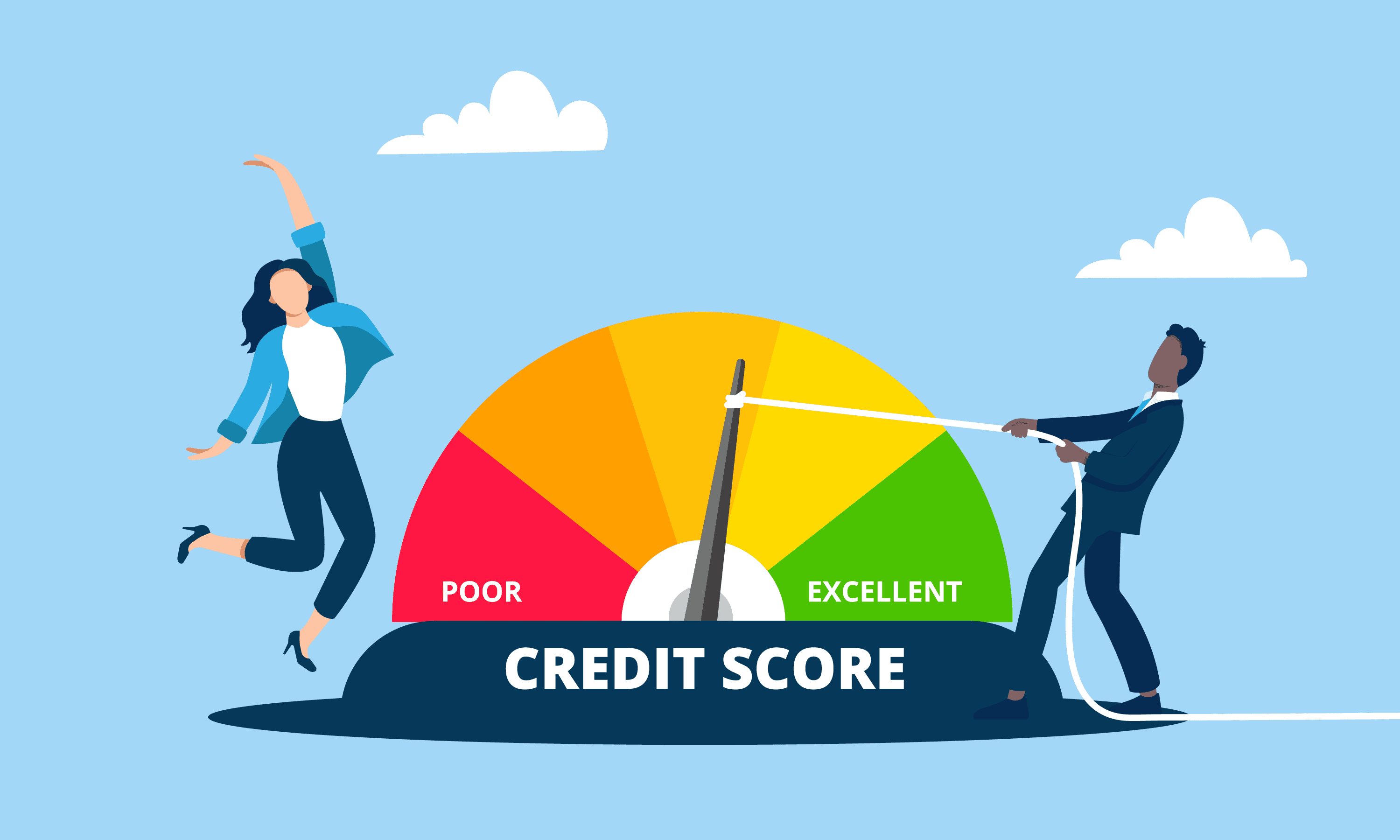 Credit score gauge being pulled toward excellent rating with two people celebrating