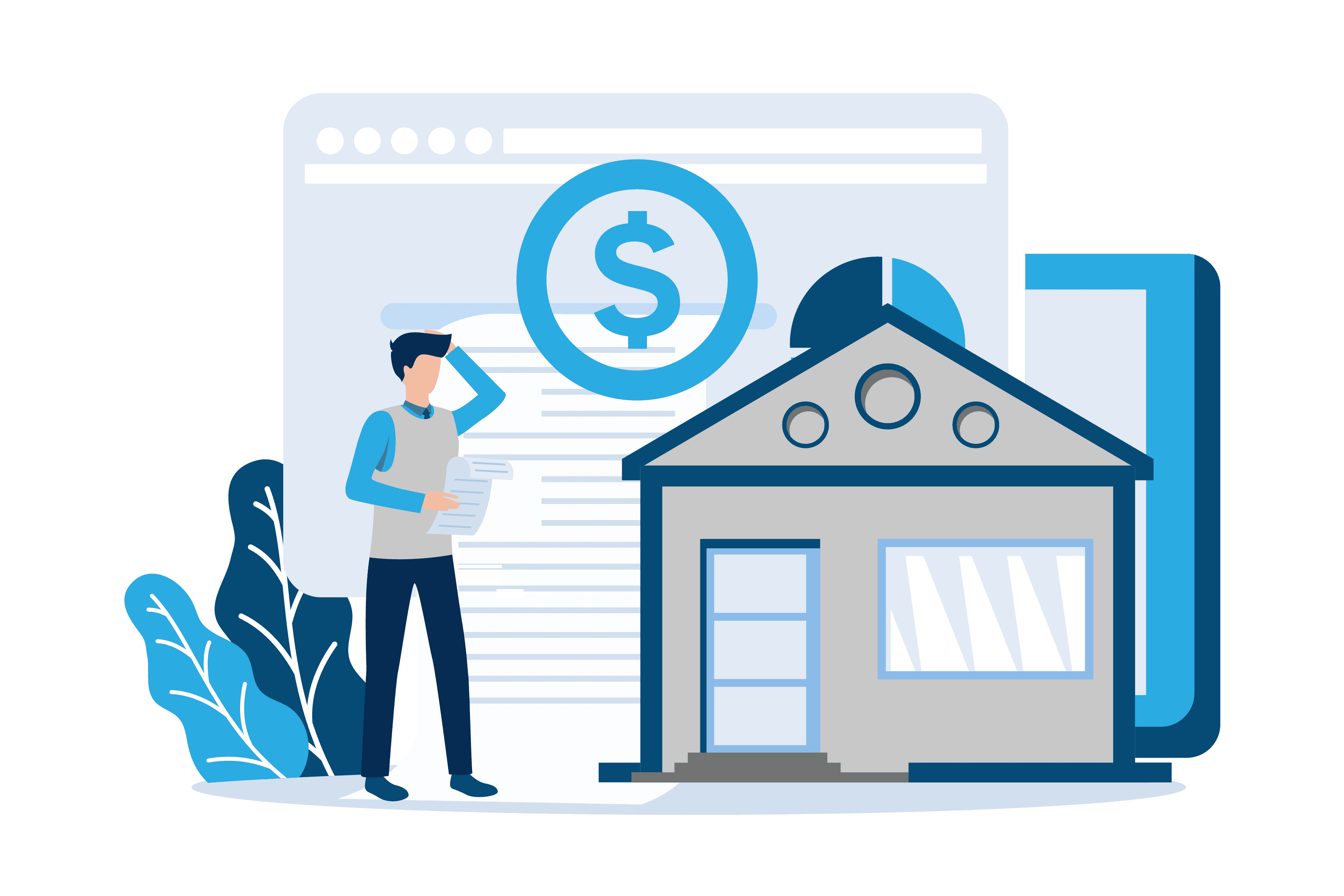 Person reviewing mortgage loan documents in front of a house and financial dashboard with dollar sign