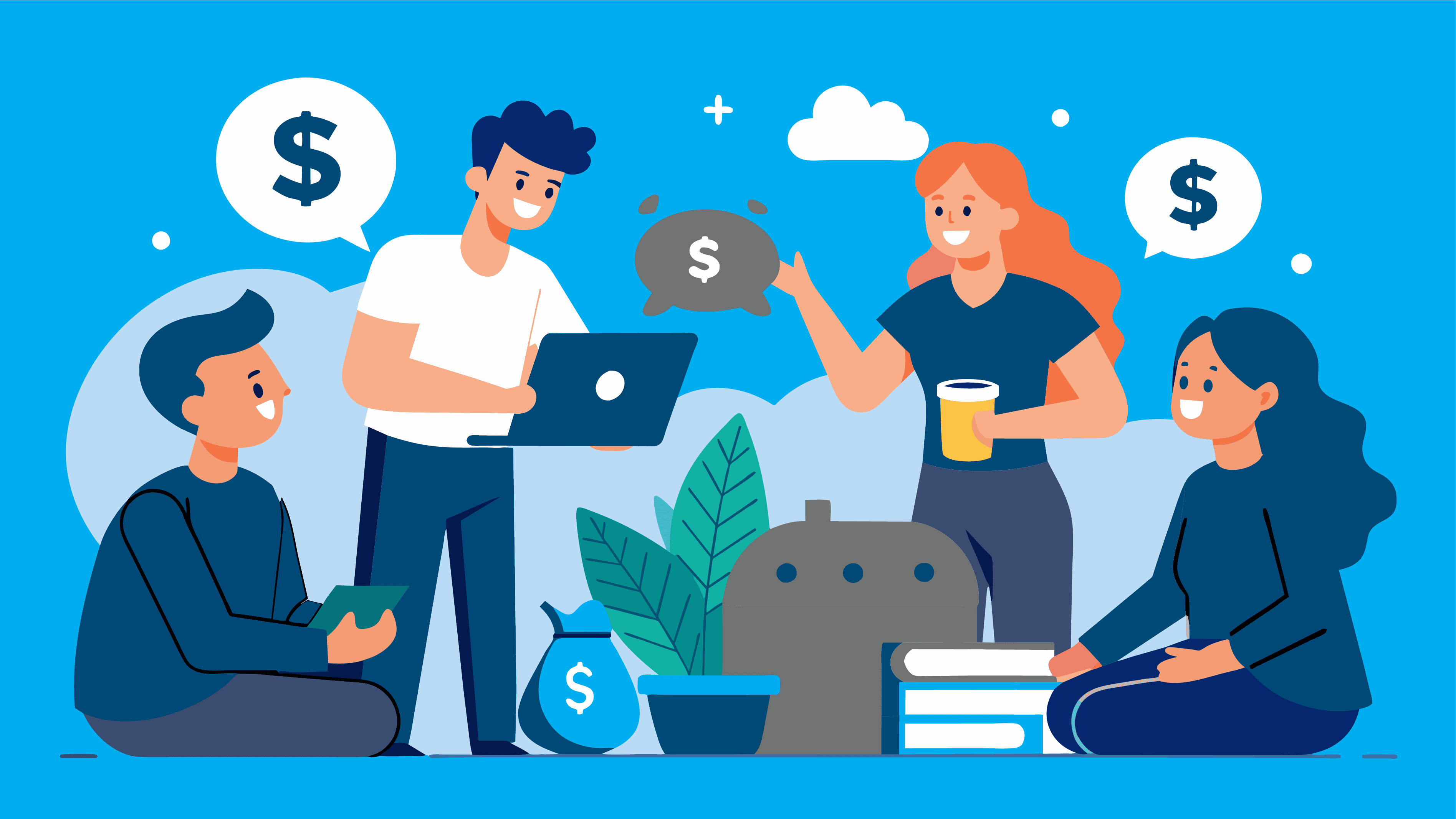 Group of smiling people discussing personal finances and savings together, with dollar sign speech bubbles and a laptop.