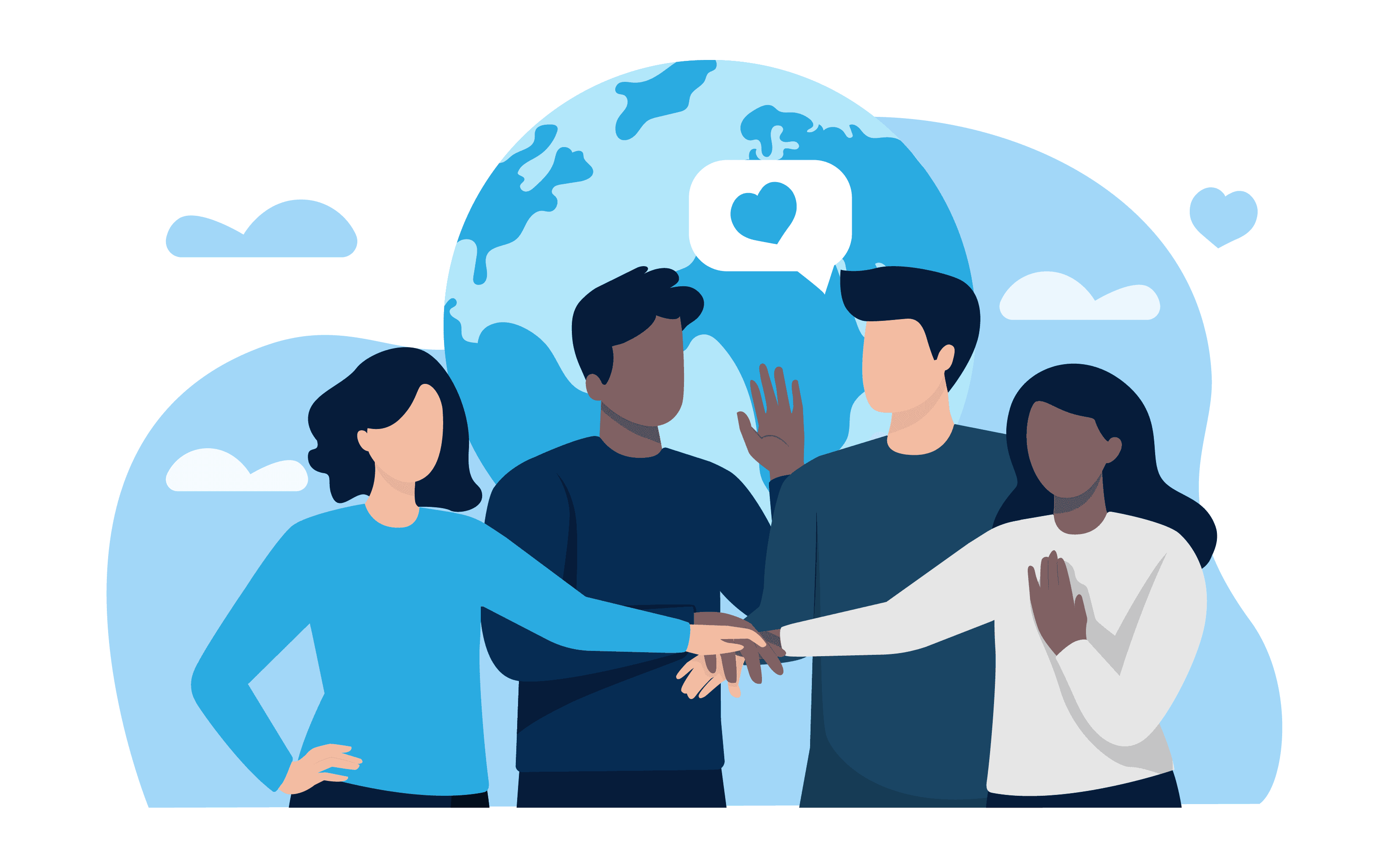 Illustration of diverse team joining hands in front of a globe with a heart icon
