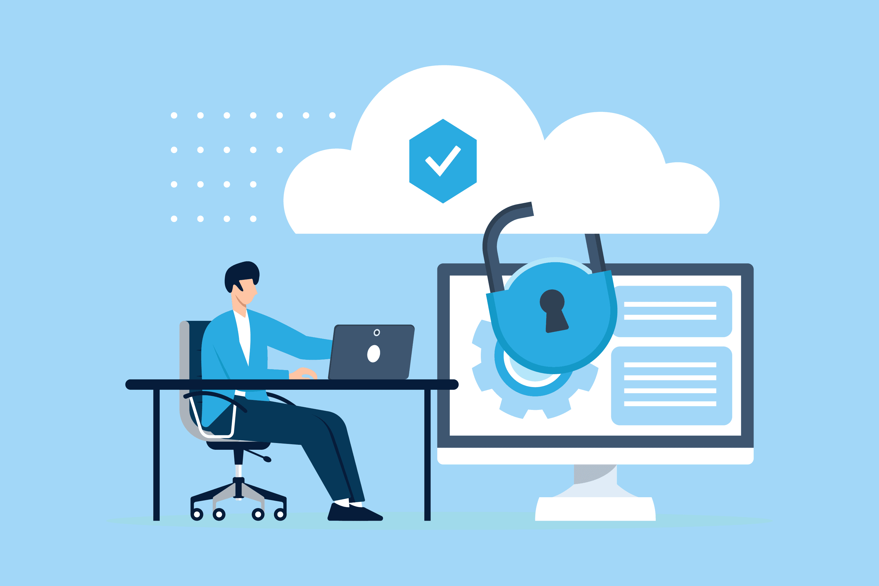 Person at laptop with cloud security checkmark and unlocked padlock representing secure online banking