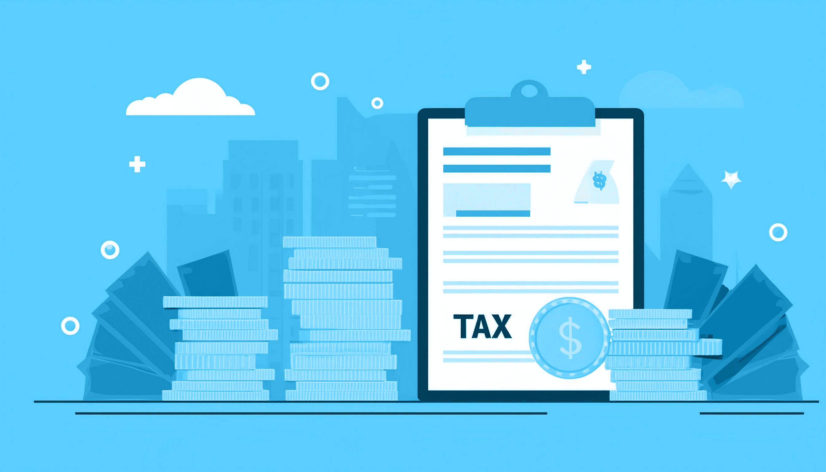 Tax form on clipboard surrounded by stacks of coins and cash bills