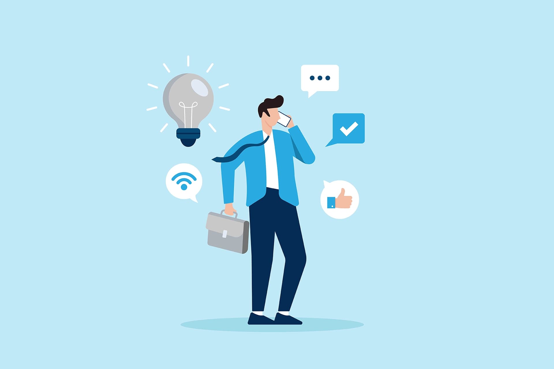 Business professional on a phone call surrounded by icons representing ideas and connectivity