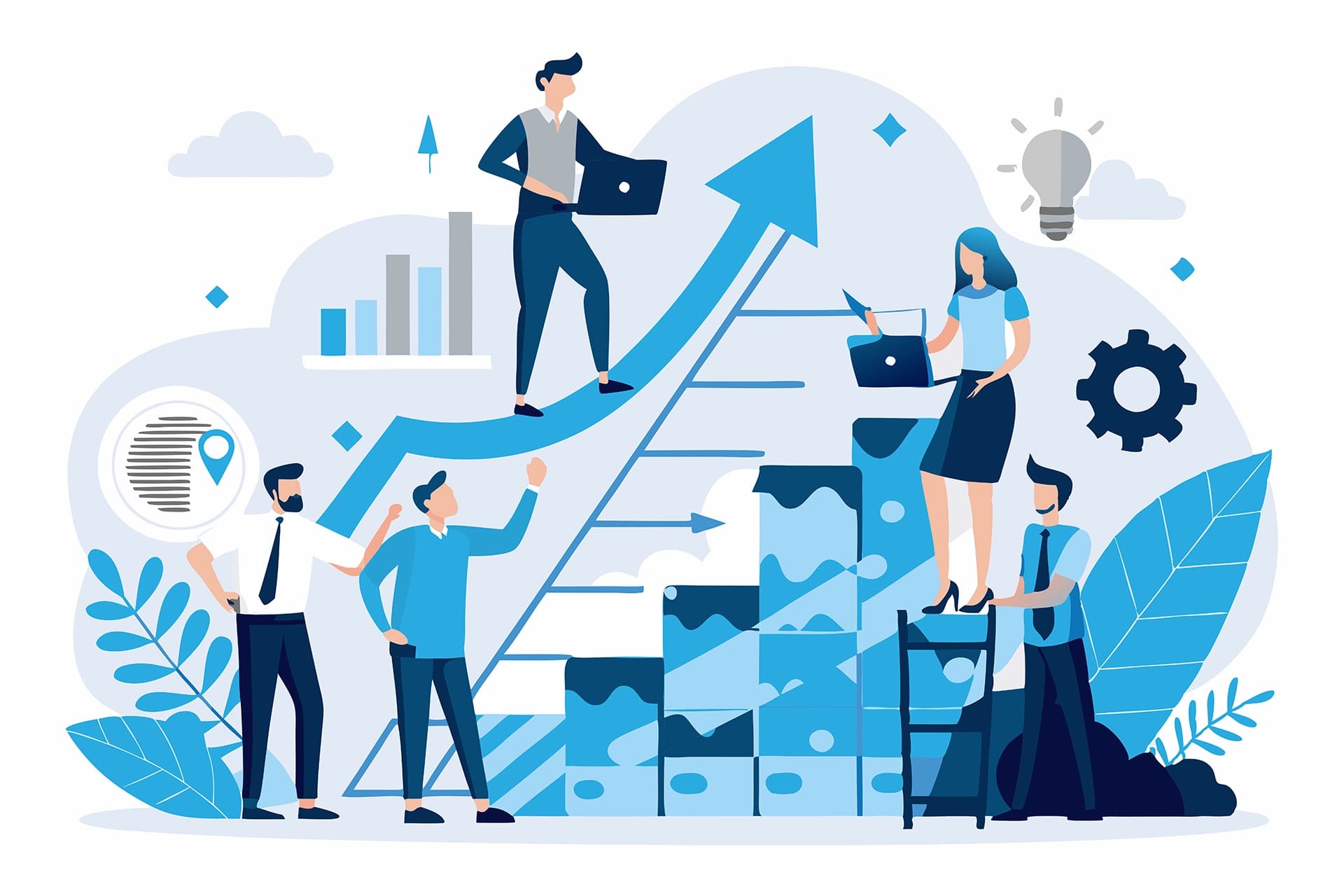 Business team climbing a rising arrow chart, symbolizing financial growth and investment planning