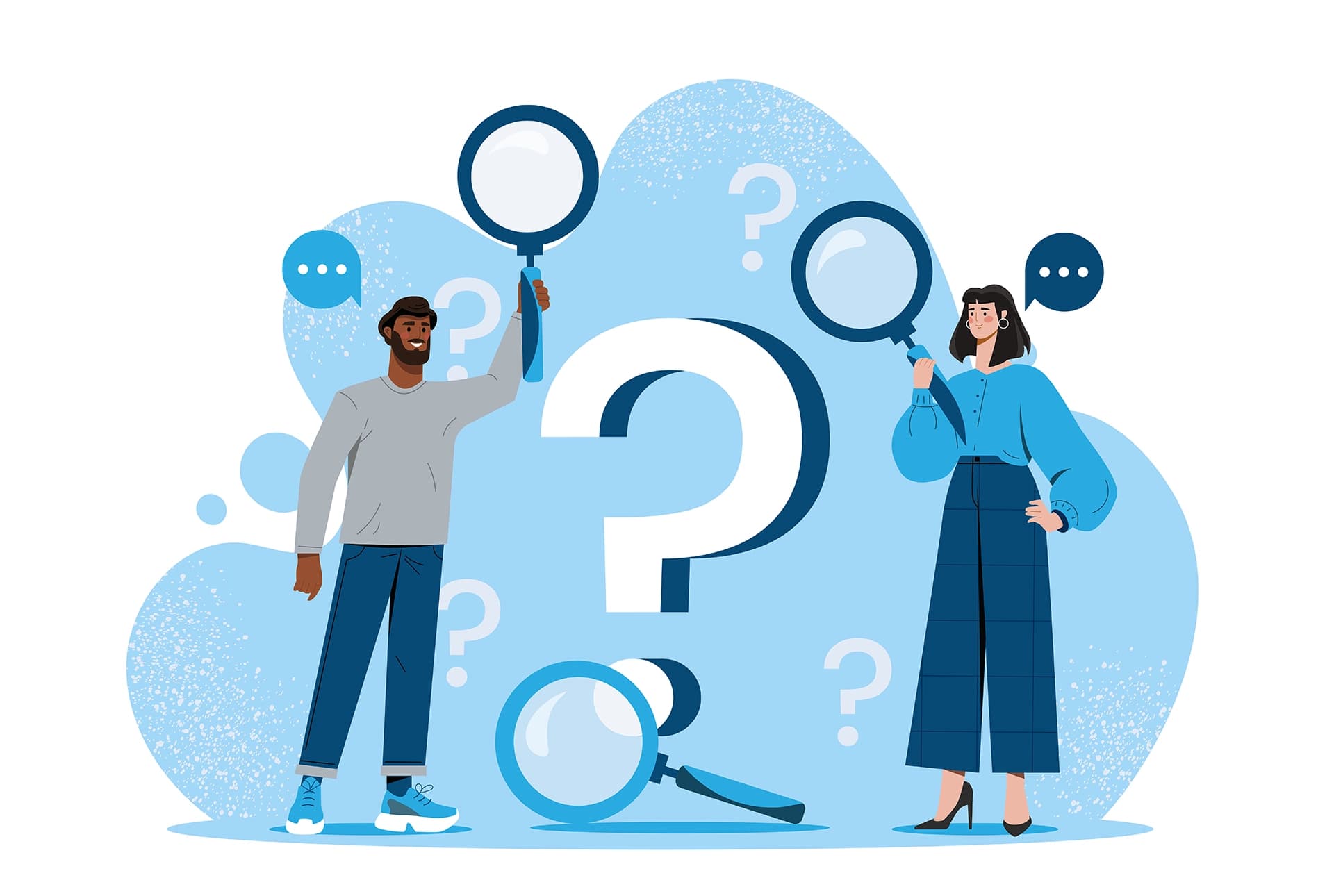 Two illustrated figures holding magnifying glasses surrounded by question marks
