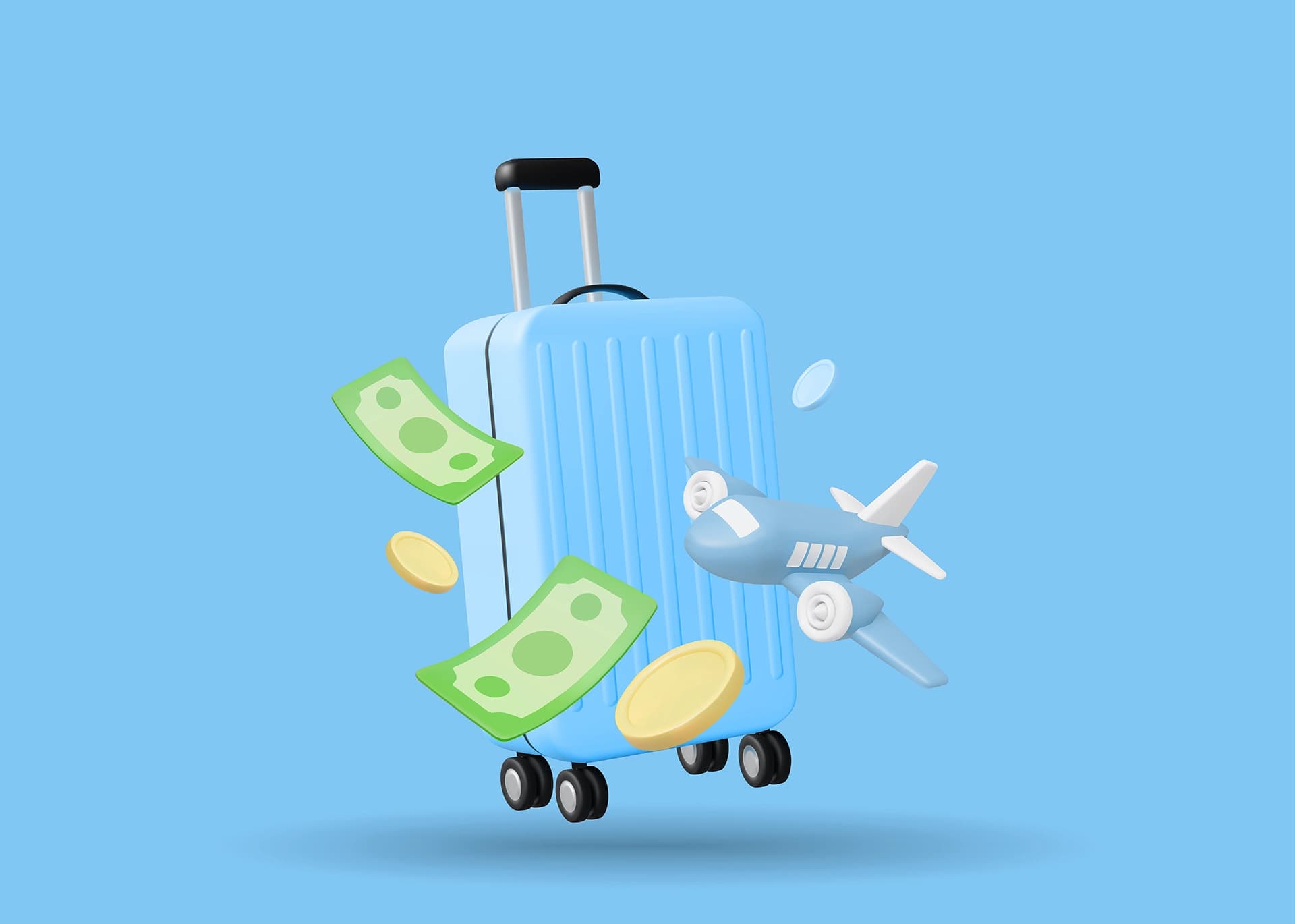 Blue travel suitcase with floating money, coins, and a toy airplane representing travel savings