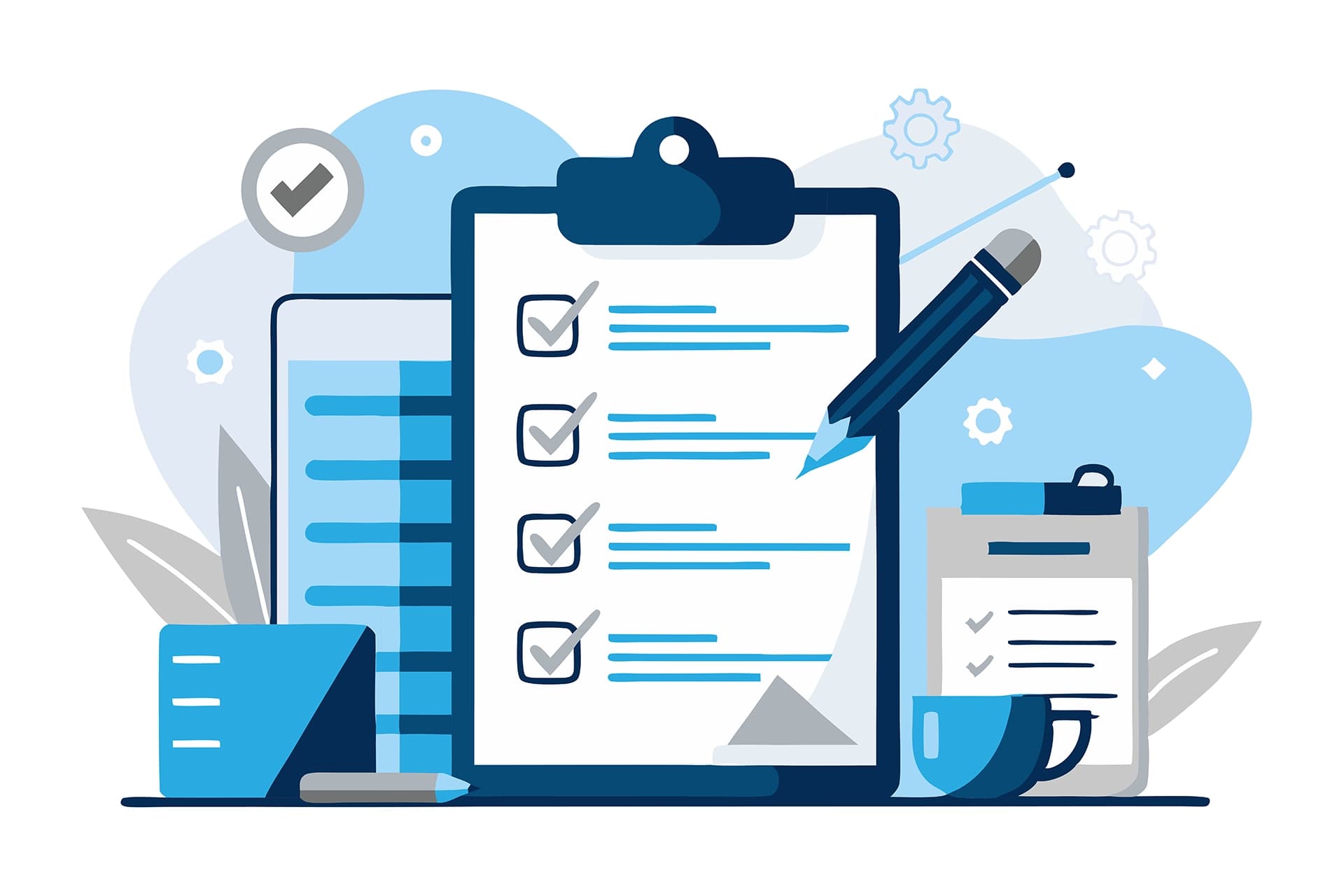 Clipboard checklist with checkmarks, pencil, and documents representing financial planning tasks