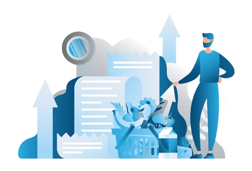 Person reviewing financial documents with magnifying glass and upward growth arrows