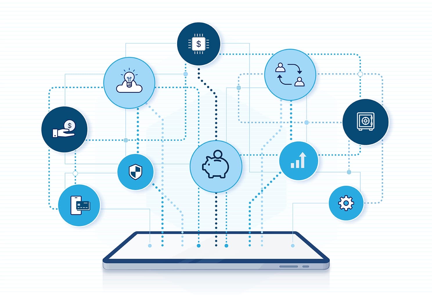 Tablet displaying connected banking icons including savings, payments, security, and wealth management