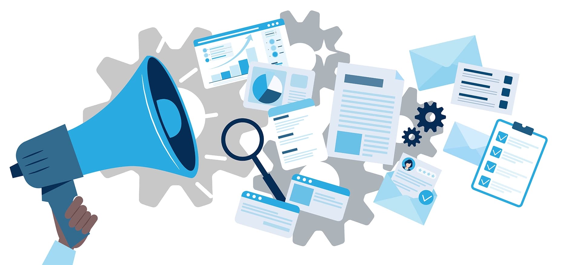 Illustrated megaphone with marketing and financial documents, charts, and gears