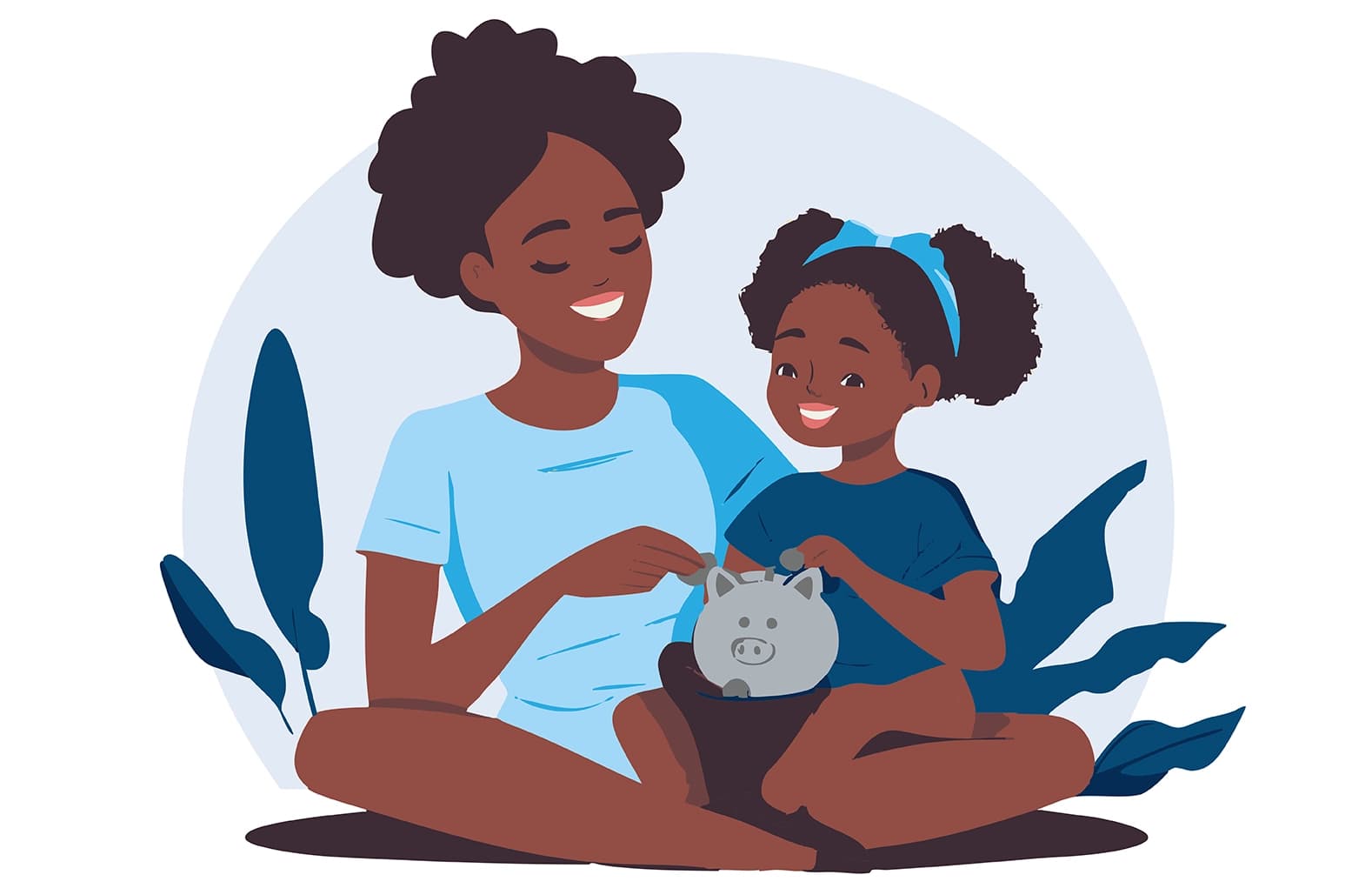 Illustrated mother and child smiling while putting coins into a savings piggy bank