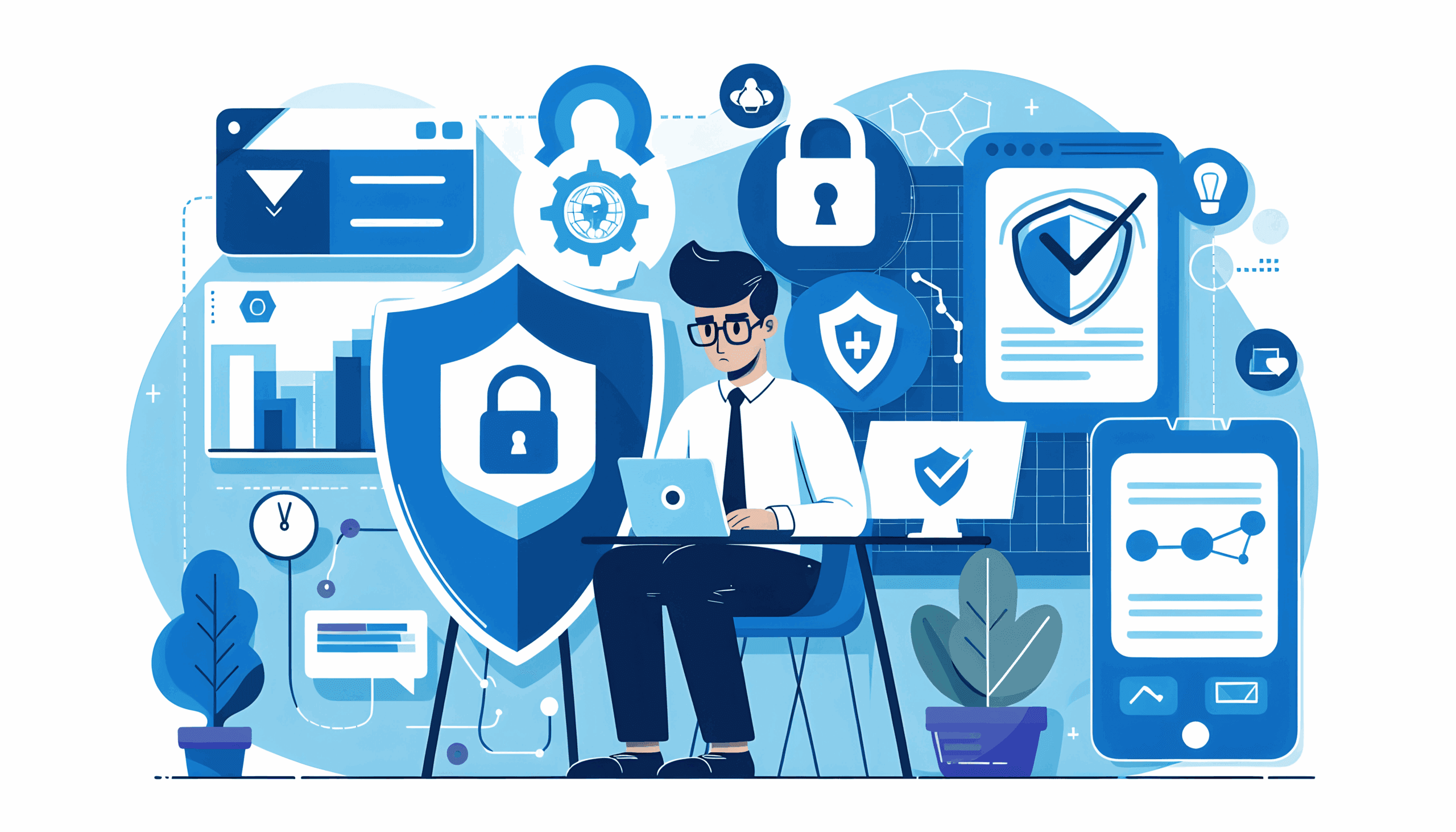 Professional working on a laptop surrounded by cybersecurity and online banking protection icons