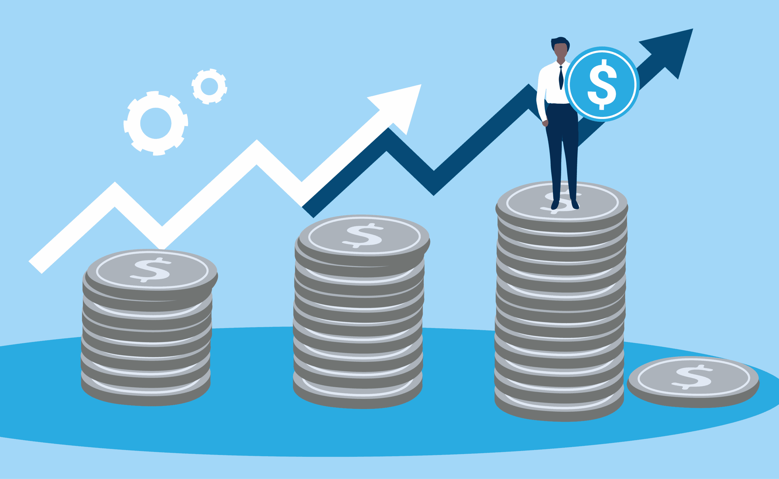 Businessman standing on growing stacks of coins with upward trending arrows representing investment growth