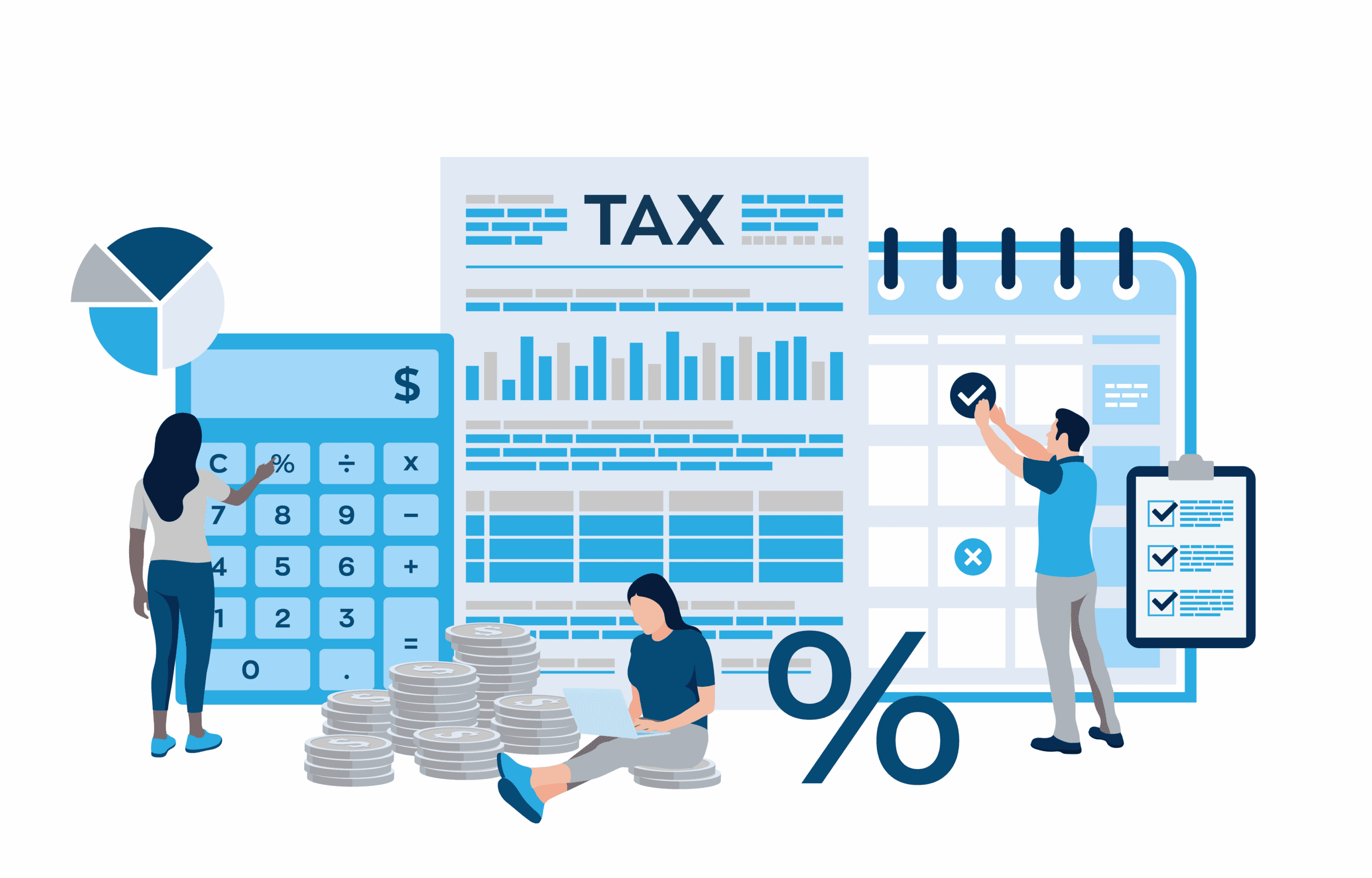 People working with a tax document, calculator, coins, and checklist representing financial planning and tax management