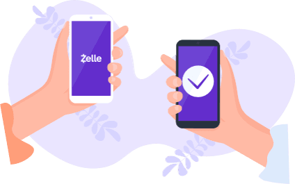 Two hands holding smartphones completing a Zelle payment transfer
