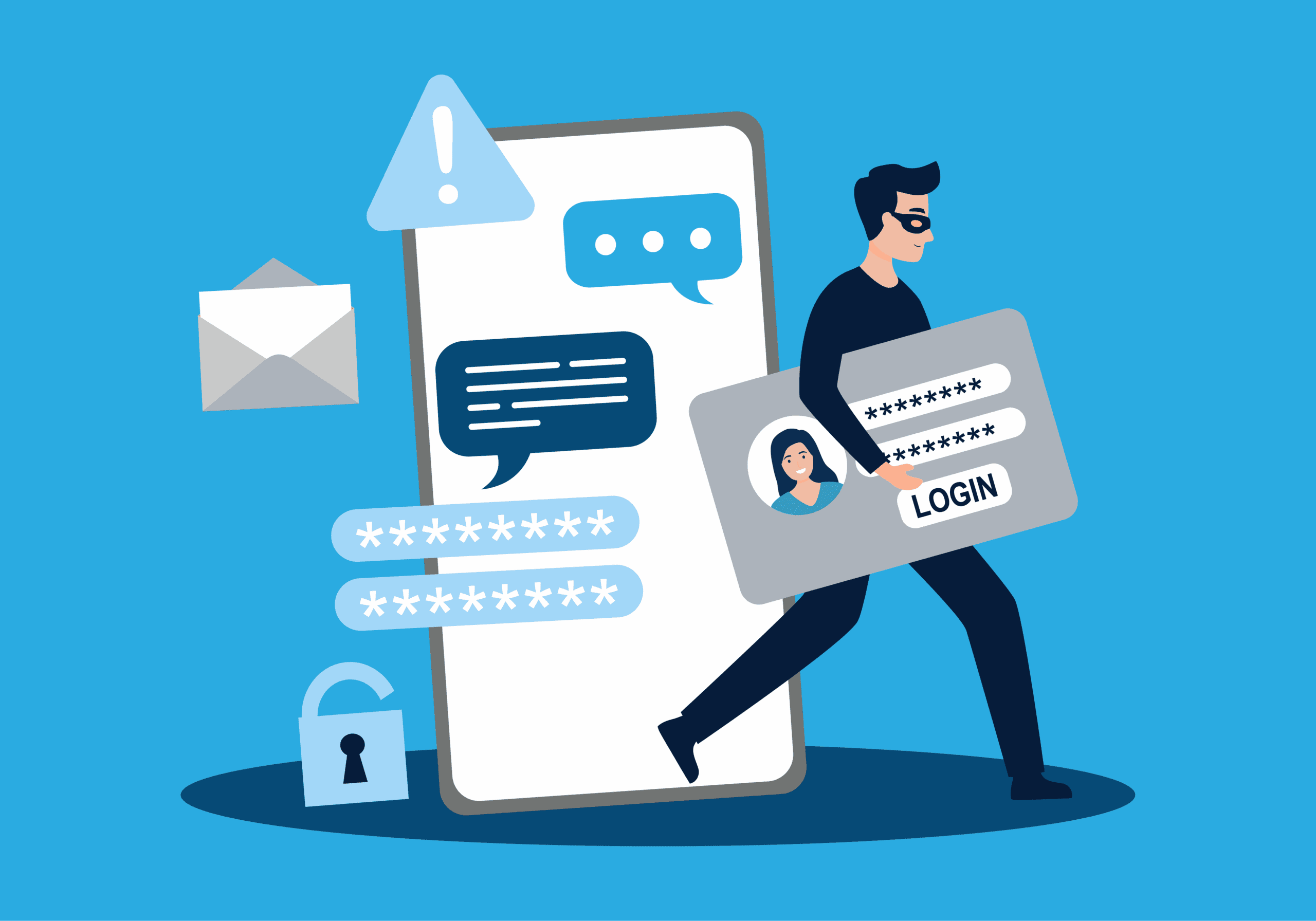 Illustrated hacker stealing login credentials from a smartphone, depicting online security threats