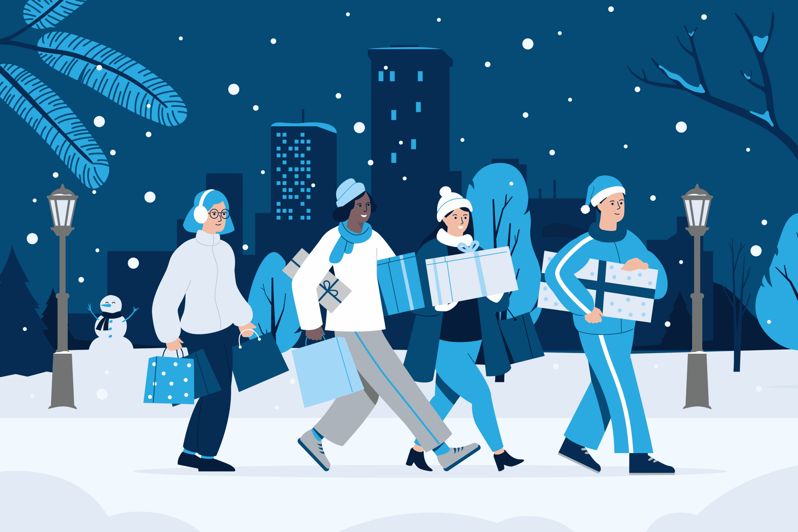 Group of people carrying gift boxes and shopping bags while walking through a snowy city at night