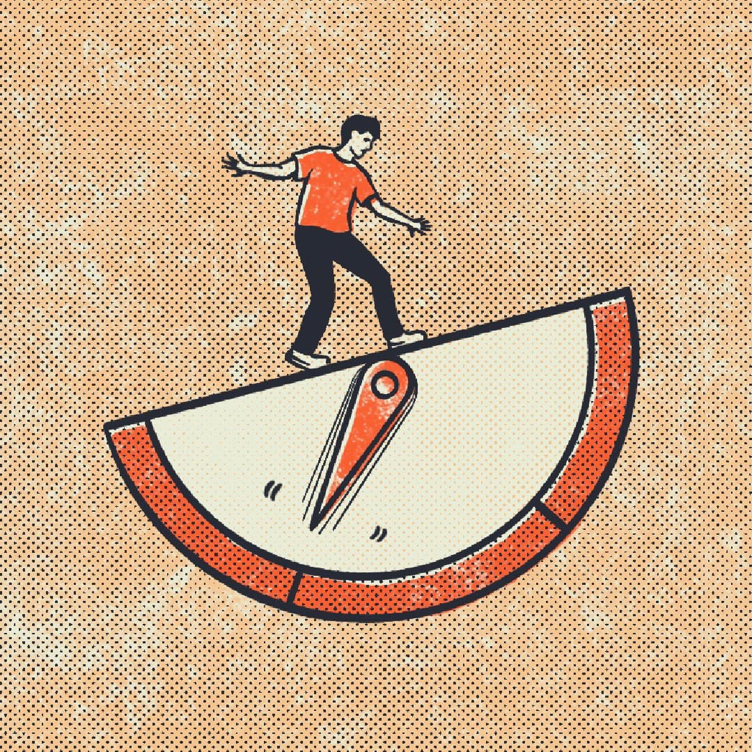 Person balancing on a clock hand, illustrating the importance of managing credit and finances over time.