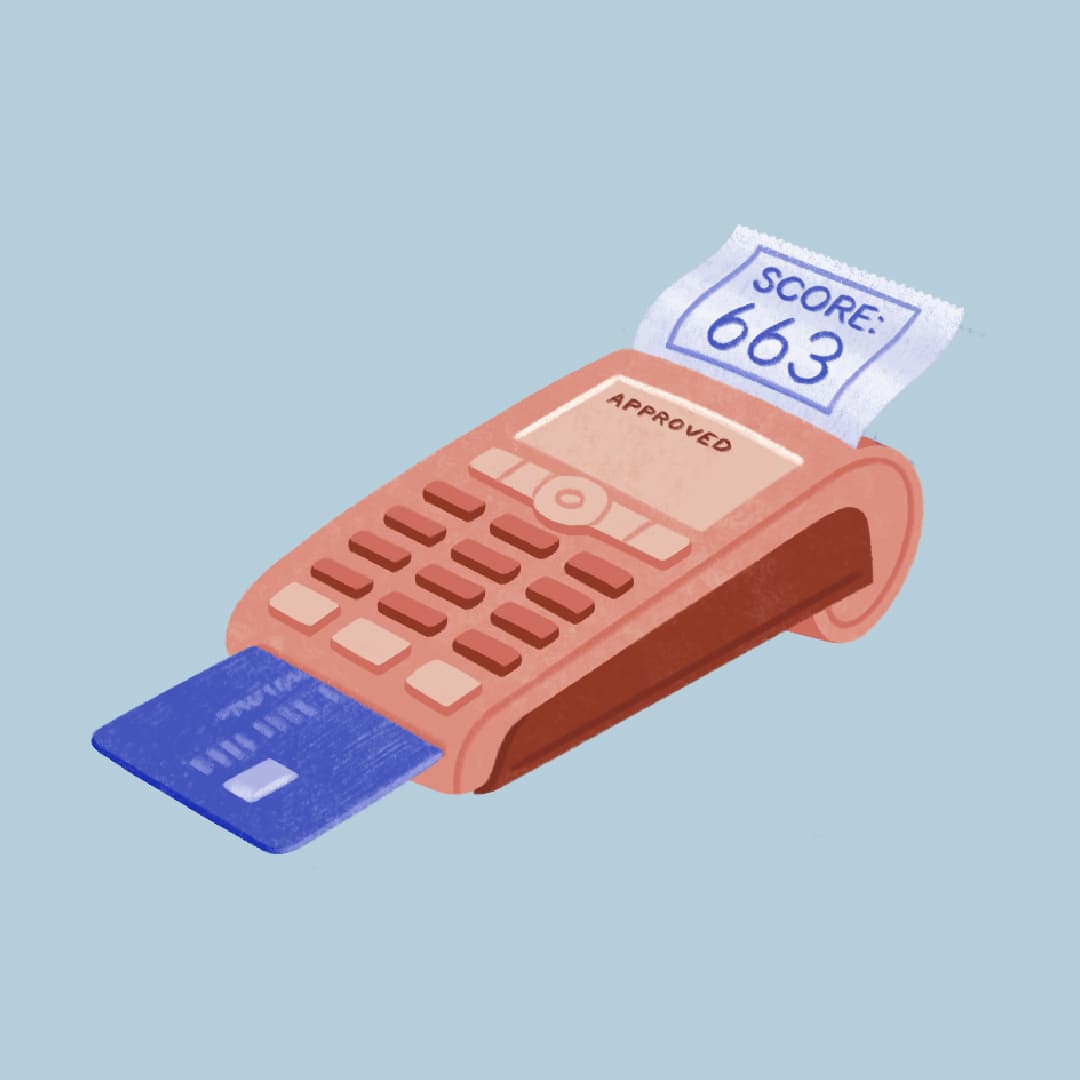 Credit card terminal displaying an approved transaction with a credit score of 663 on the receipt
