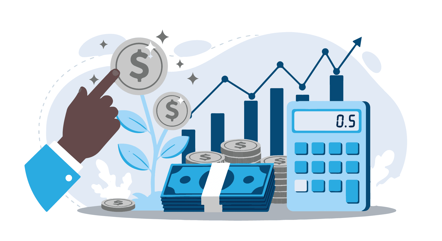 Illustration of financial growth with coins, cash, bar chart, and calculator representing investment management