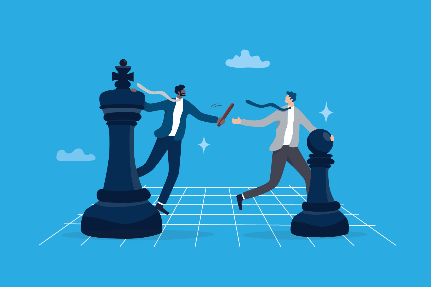 Two businessmen passing a baton on a chessboard grid beside large chess pieces