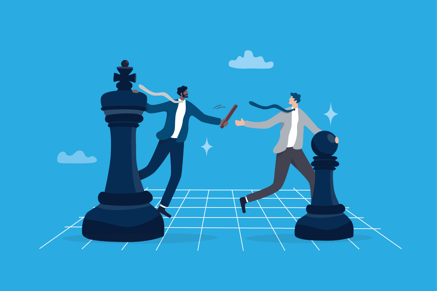 Two businessmen passing a baton on a chessboard grid beside large chess pieces